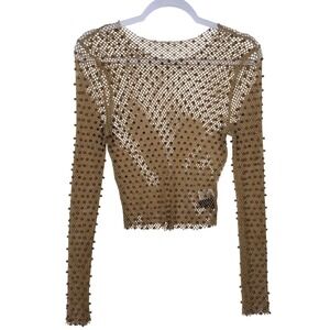 Windsor Tan Fishnet Mesh Gold Studded Long Sleeve Crop Top Small T7309